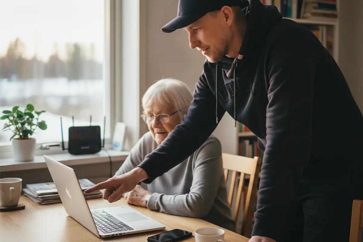Kodin Digiapu auttamassa senioria tietokoneen kanssa
